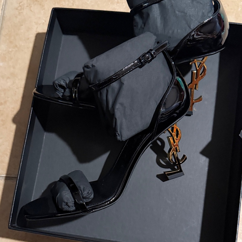 Saint Laurent Black Patent Tribute Logo-Heel Sandals